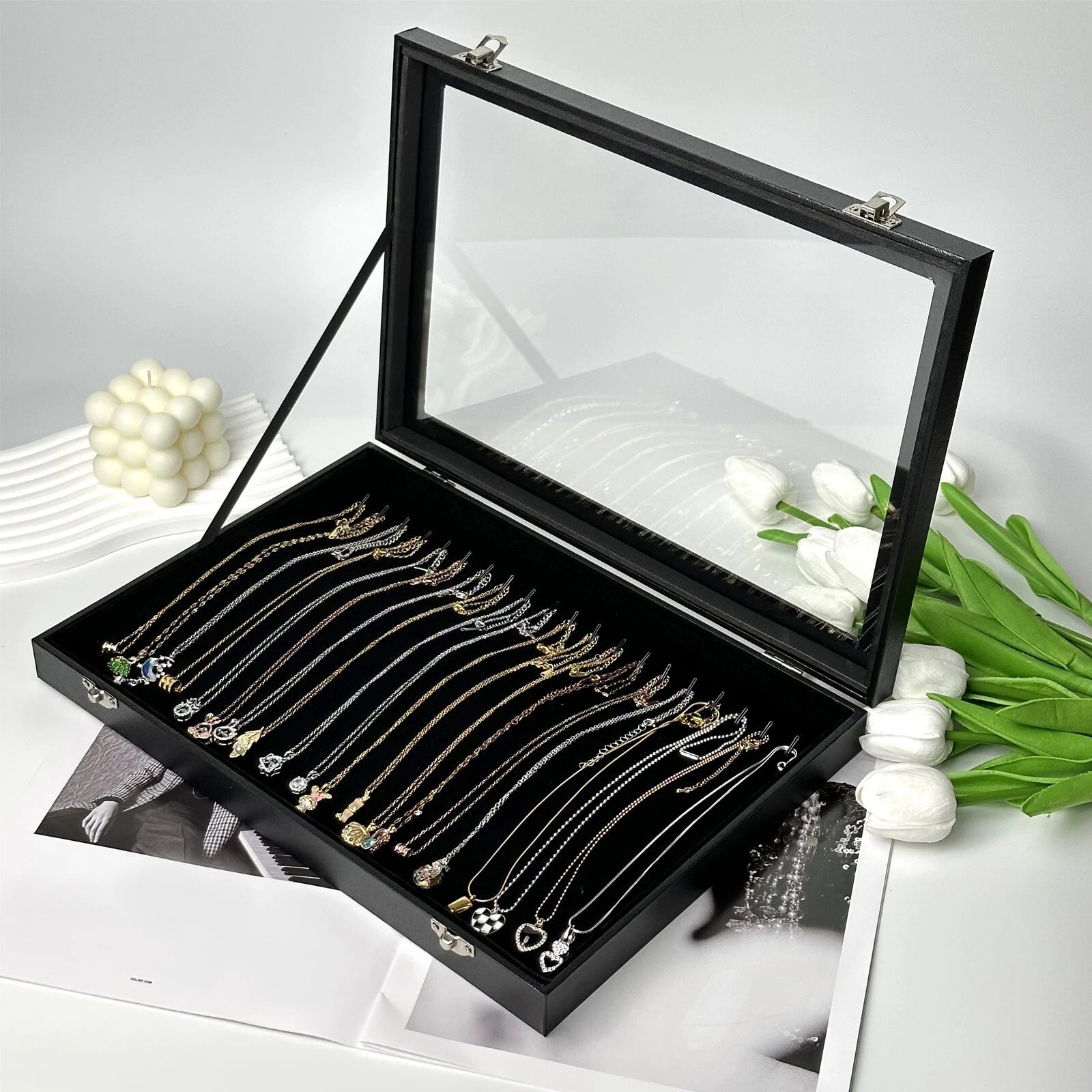 Black 20 Hooks Velvet Necklace Organizer Box Necklace Holder Tray with Clear Lid | eBay
