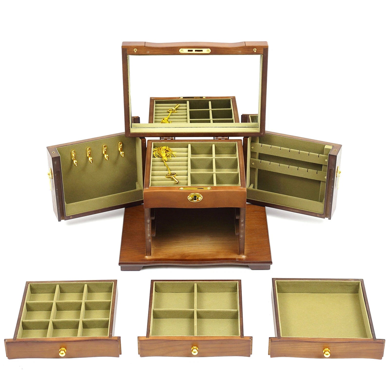 4-Tier Retro Solid Wood Jewelry Box Jewelry Case Lockable Ring Cabinet W/ Mirror | eBay