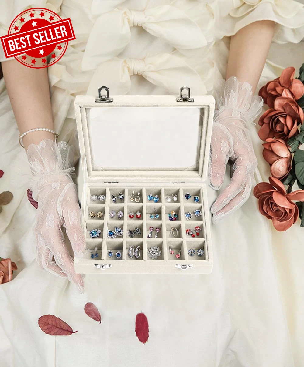 Jewelry Box 24 Grid Velvet Earring Tray with Clear Lid Ring Display Storage Orga | eBay