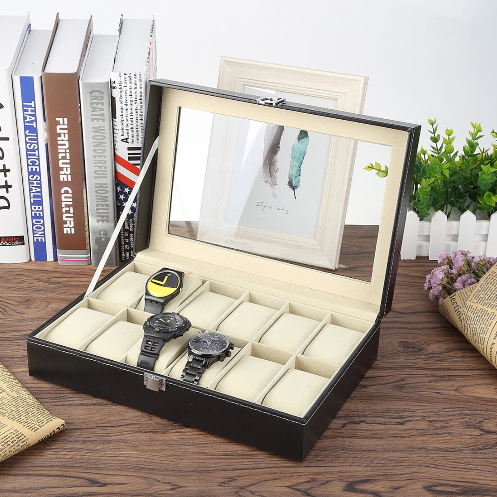 Watch Box Case Organizer Watches Holder Jewelry Storage Top Glass Display Gift | eBay