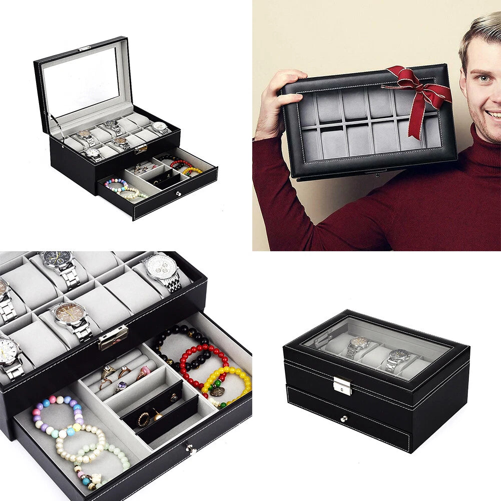 US12 Slot PU Leather Lockable Watch Storage Boxes Jewelry Display Drawer Case | eBay
