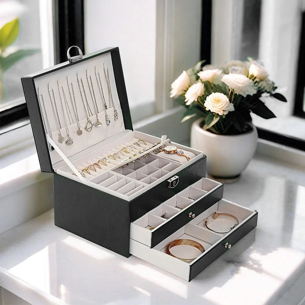 3 Layers Jewelry Box Organizer Large Capacity Ring Earring Necklace Storage Case | eBay