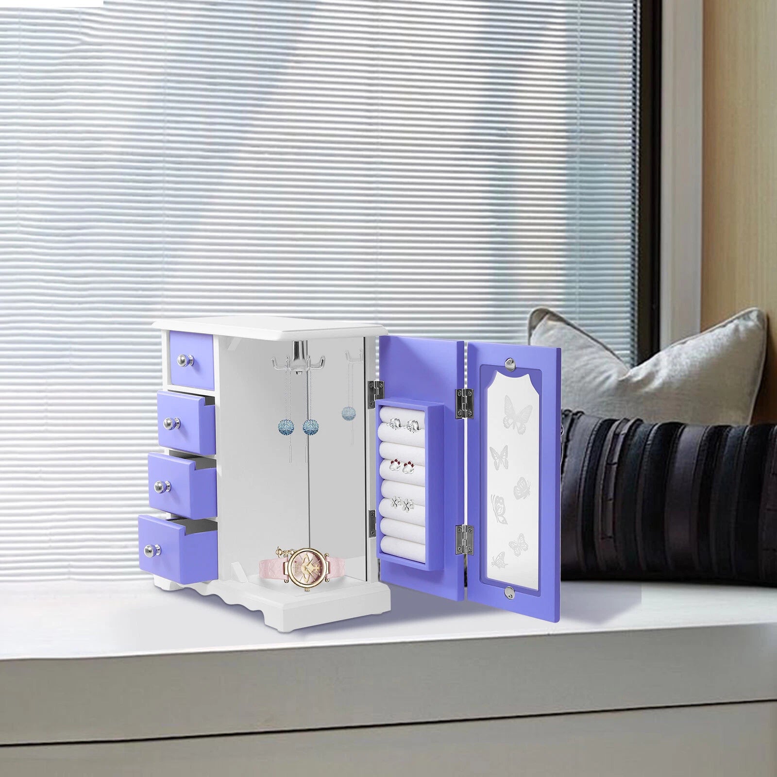 Jewelry Box Bracelets Rings Storage Organizer 4 Drawers Purple w/Built-in Mirror | eBay