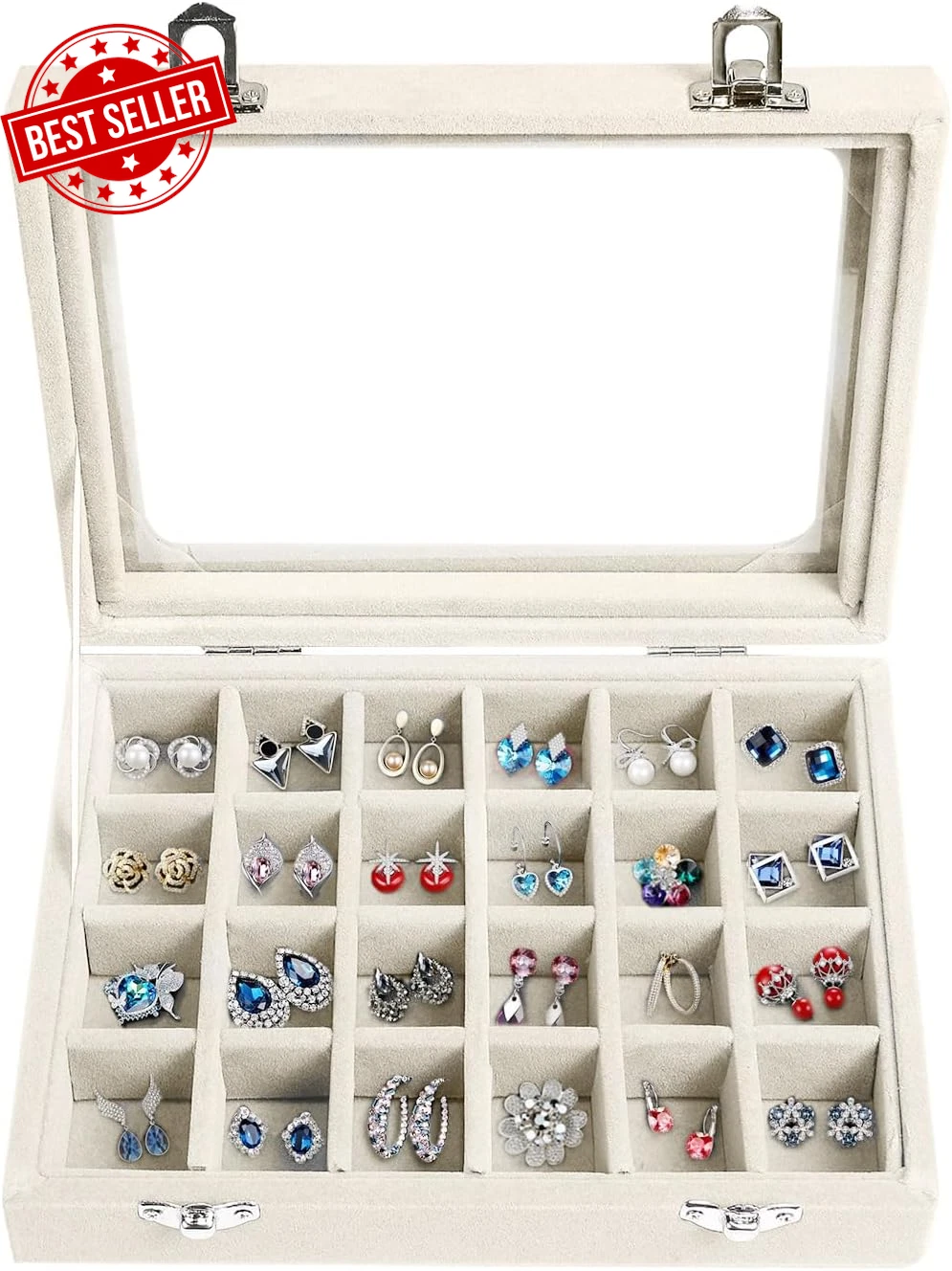 Jewelry Box 24 Grid Velvet Earring Tray with Clear Lid Ring Display Storage Orga | eBay