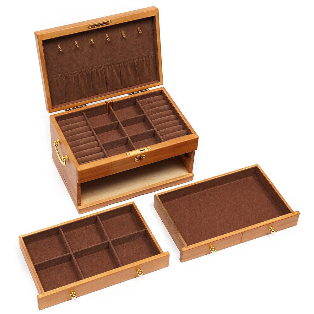Large Capacity Wooden Jewelry Box 3 Layers W/ Safe Lock Retro Storage Organizer | eBay