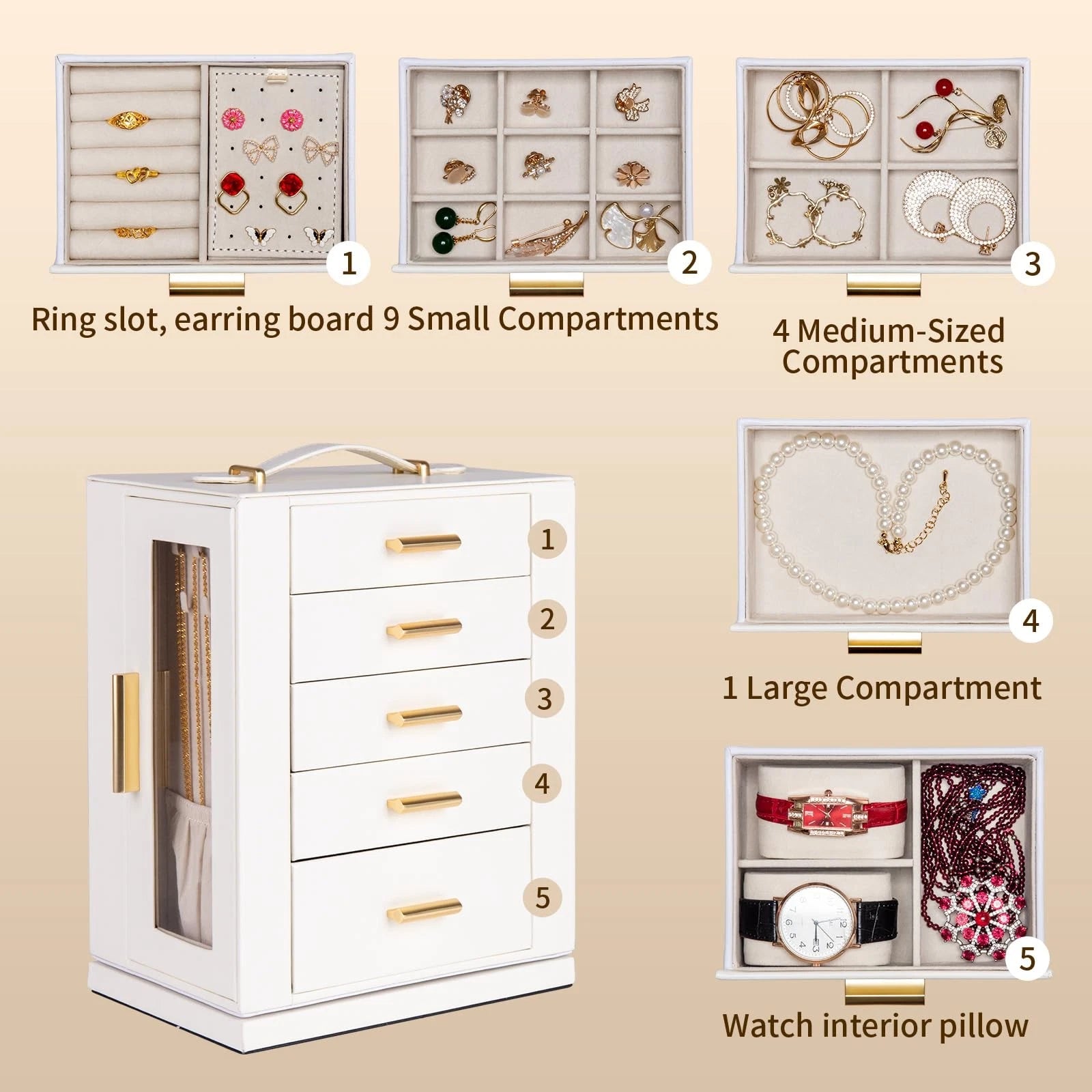 Jewelry Box 360° Rotating, Jewelry Storage Case with 5 Drawers, Jewelry Organ... | eBay