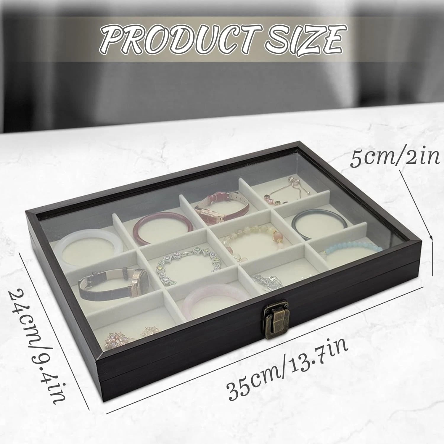 Jewelry Box with Glass Lid, Wood Jewelry Organizer Box, 24-Grid Earring Holder O | eBay