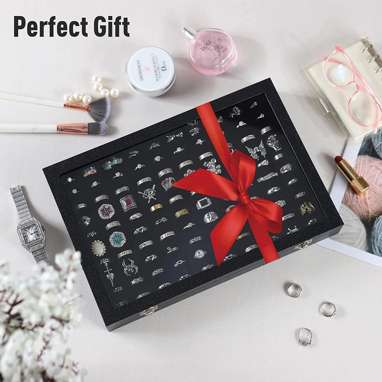 Black 100 Slots Ring Case Organizer Box,Rings Holder Storage Boxes with Glass | eBay