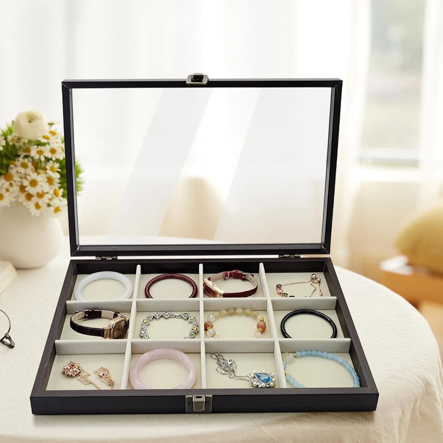 Jewelry Box with Glass Lid, Wood Jewelry Organizer Box, 24-Grid Earring Holder O | eBay