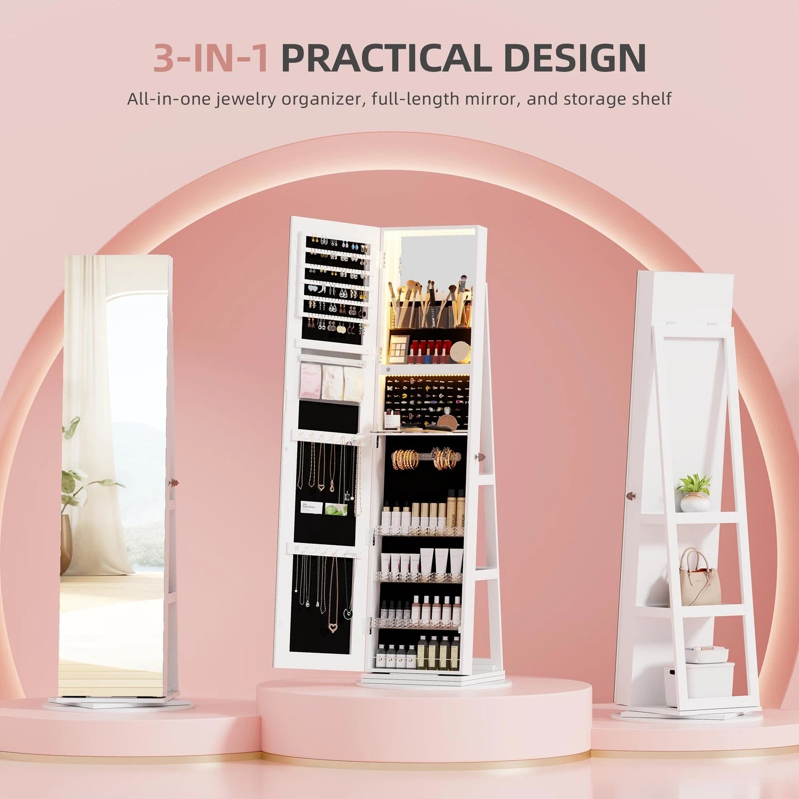 360° Swivel Jewelry Cabinet with Back Storage Shelves Full Length Mirror | eBay