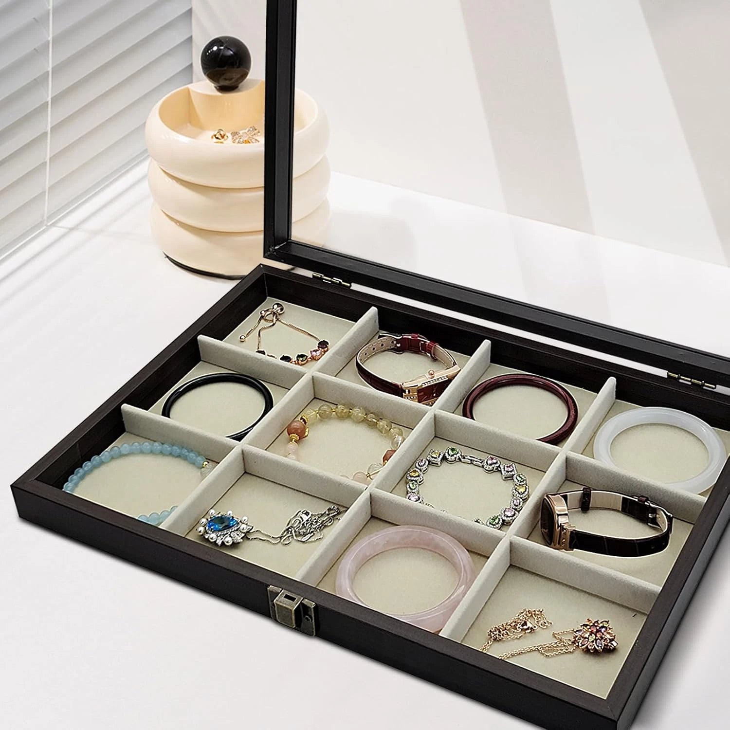 Jewelry Box with Glass Lid, Wood Jewelry Organizer Box, 24-Grid Earring Holder O | eBay