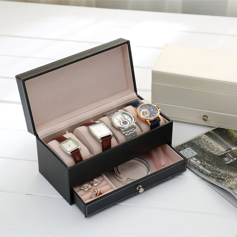 4-Slot Watch Box For Men Leather Display Case Holder Organizer Jewelry Storage | eBay