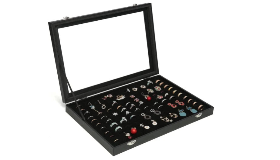 100 Slot Jewelry Display Case Ring Organizer Box Tray Glass Top Storage Holder | eBay