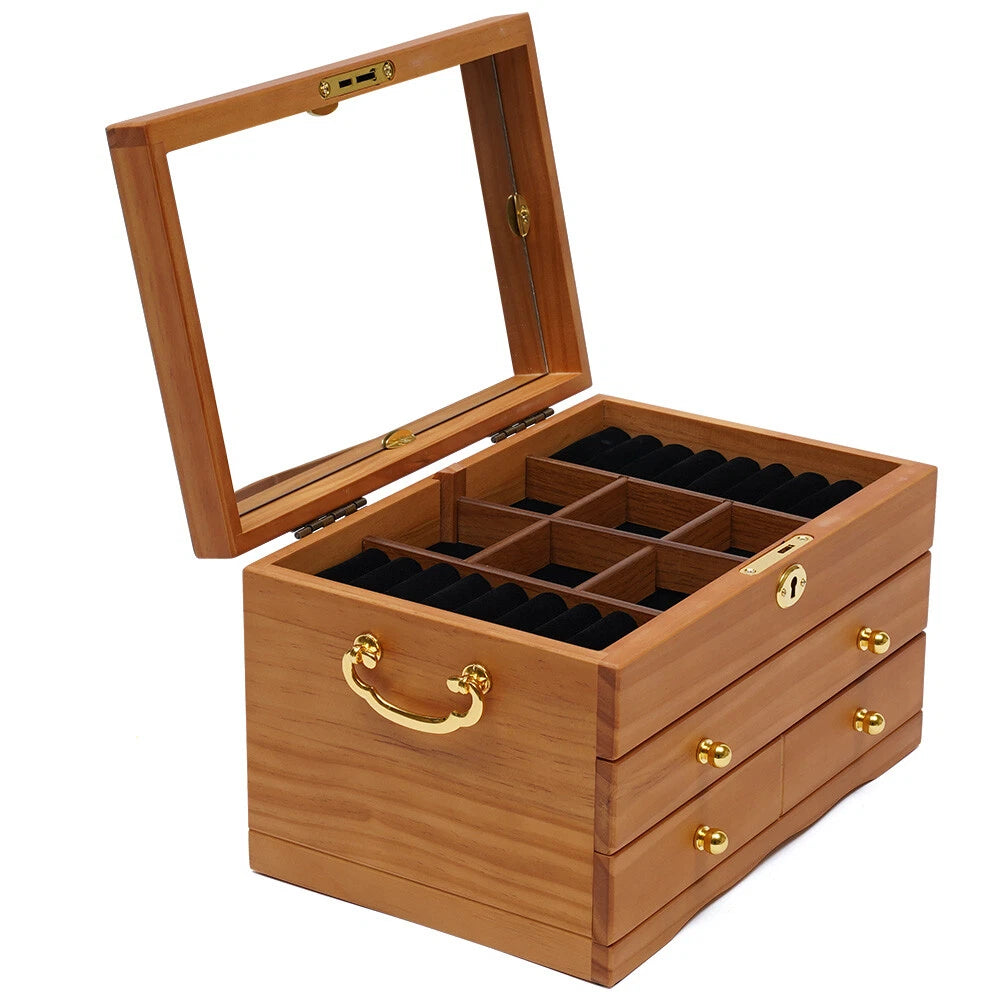 Large Capacity Wooden Jewelry Box W/ Safe Lock 3 Layers Retro Storage Organizer | eBay