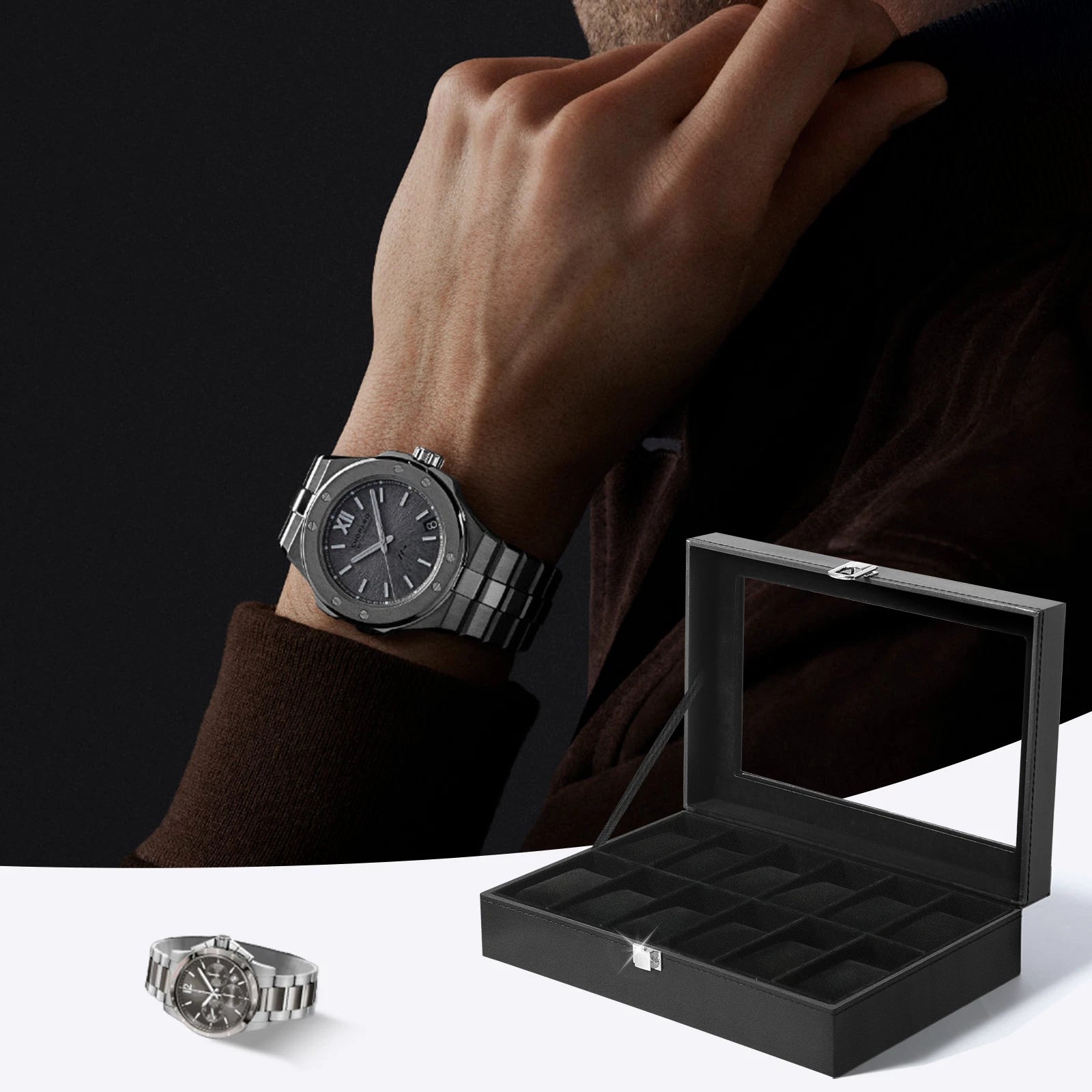 Watch Box Case Organizer Watches Holder Jewelry Storage Top Glass Display Gift | eBay