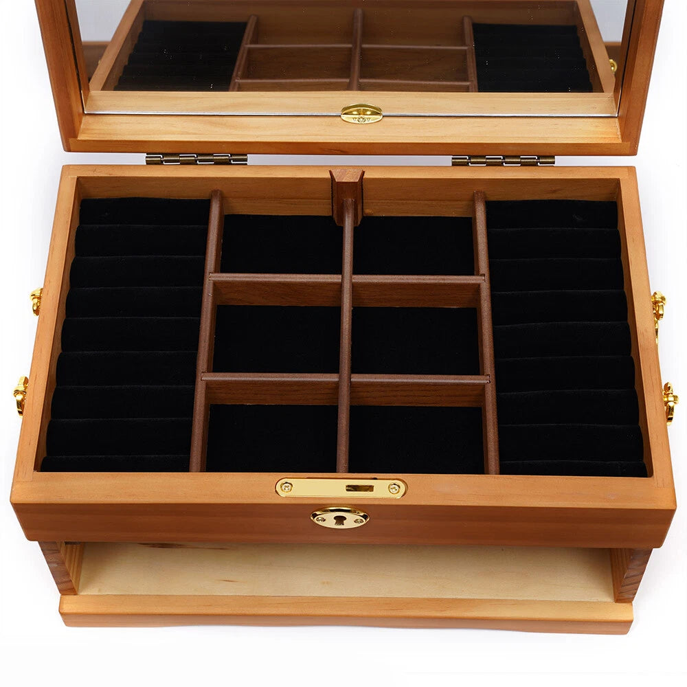 Large Capacity Wooden Jewelry Box W/ Safe Lock 3 Layers Retro Storage Organizer | eBay