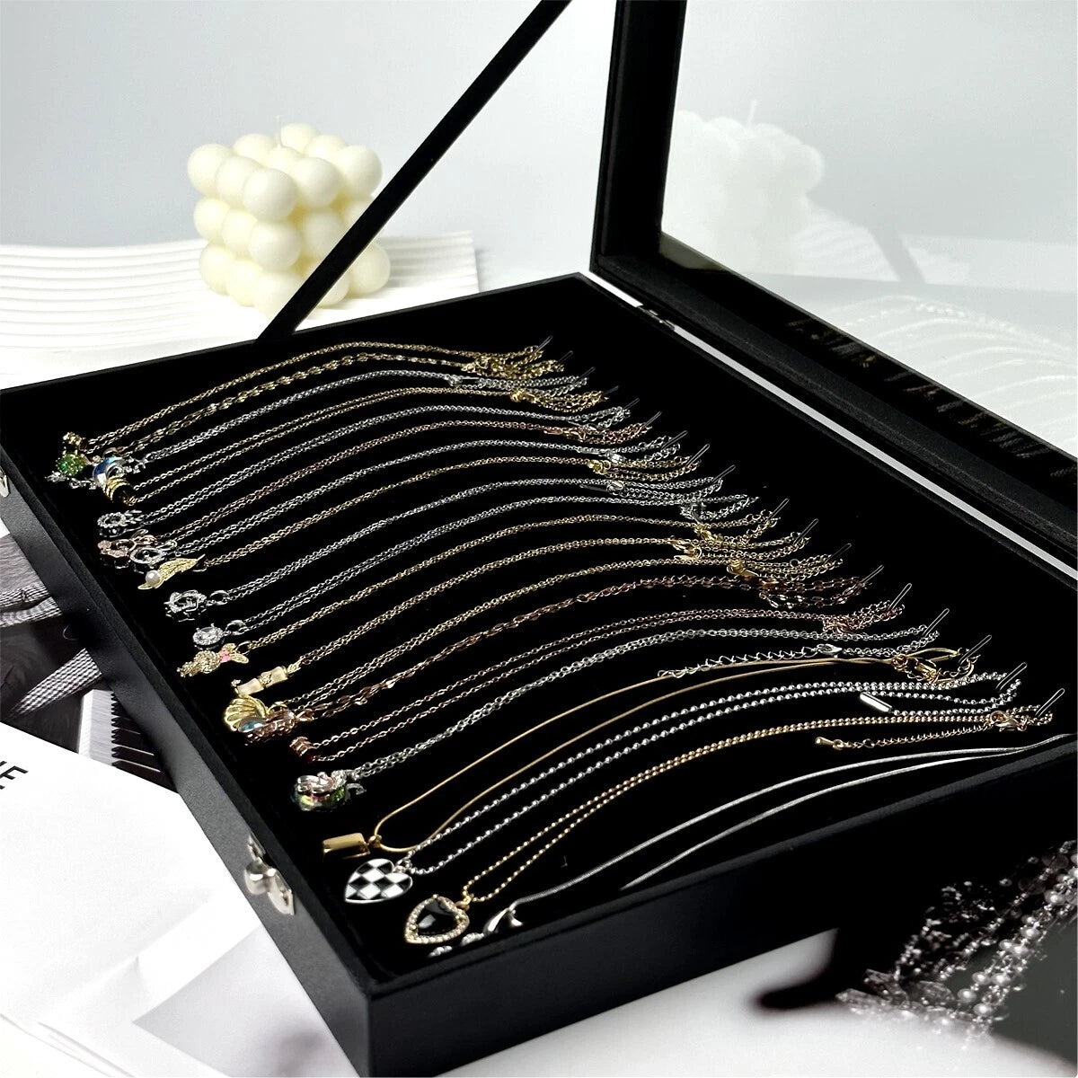 20 Hooks Velvet Necklace Organizer Box Necklace Holder Tray with Clear Lid Black | eBay