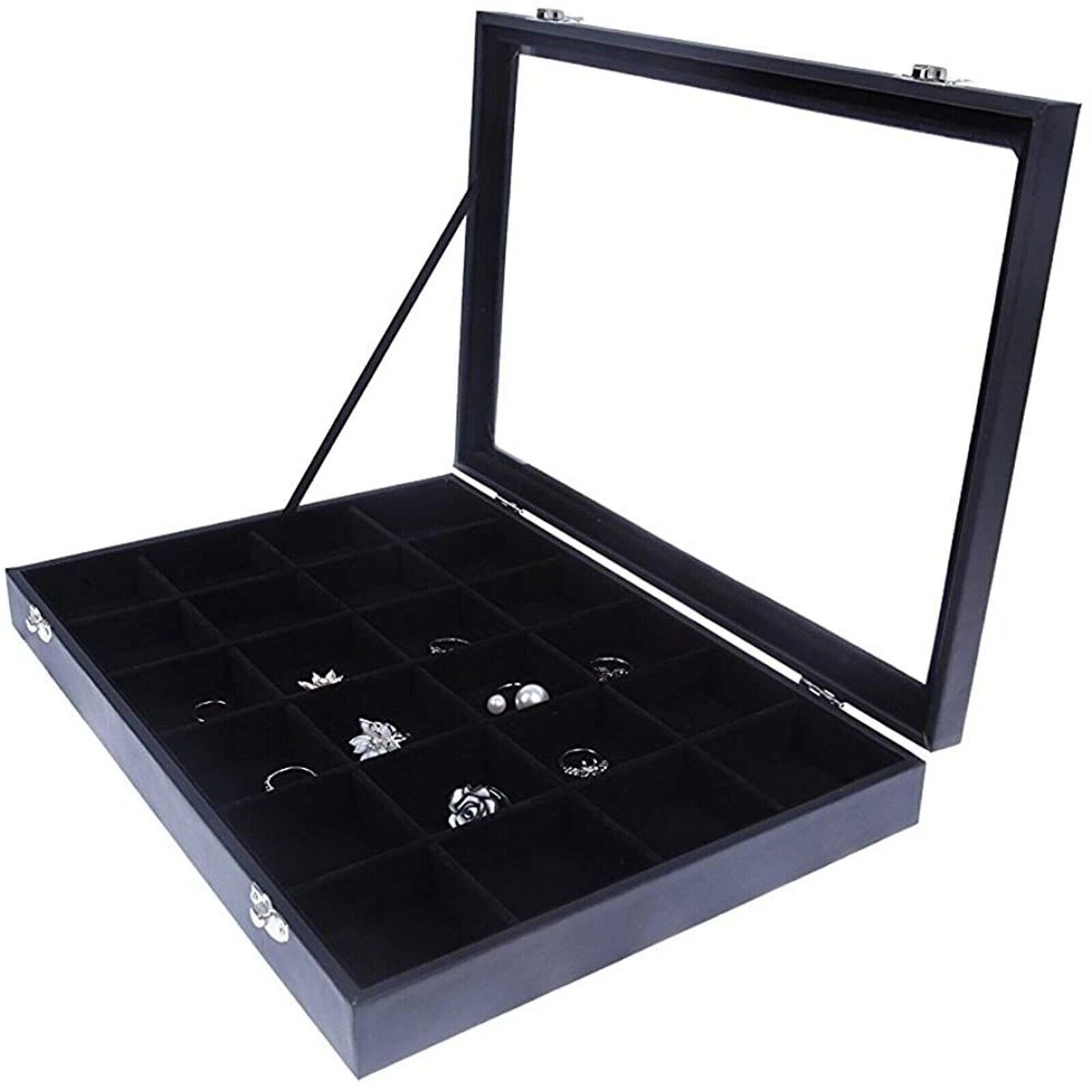Jewelry Organizer Tray with Clear Lid 24 Grid Velvet Drawer Jewelry Storage | eBay