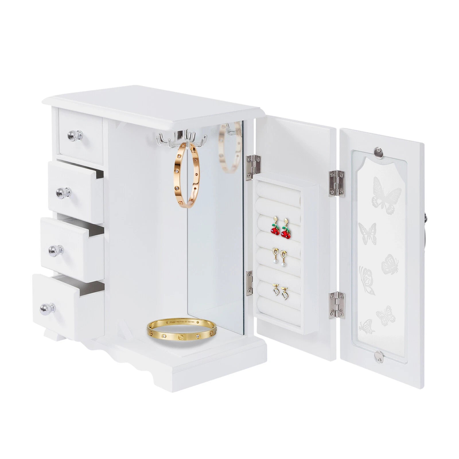 Women Gift Jewelry Wood Box 4 Drawers Organizer Velvet Built-in Mirror Bedroom | eBay