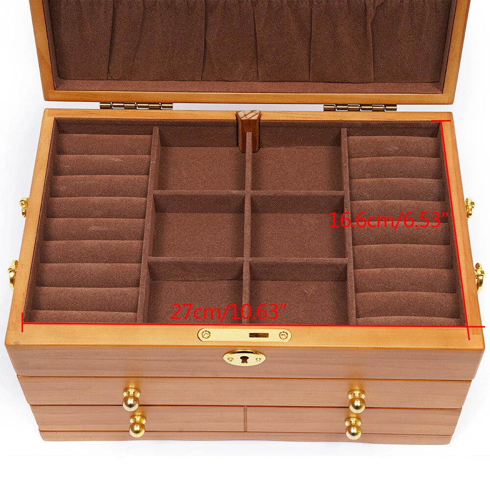 Large Capacity Wooden Jewelry Box W/ Safe Lock 3 Layers Retro Storage Organizer | eBay