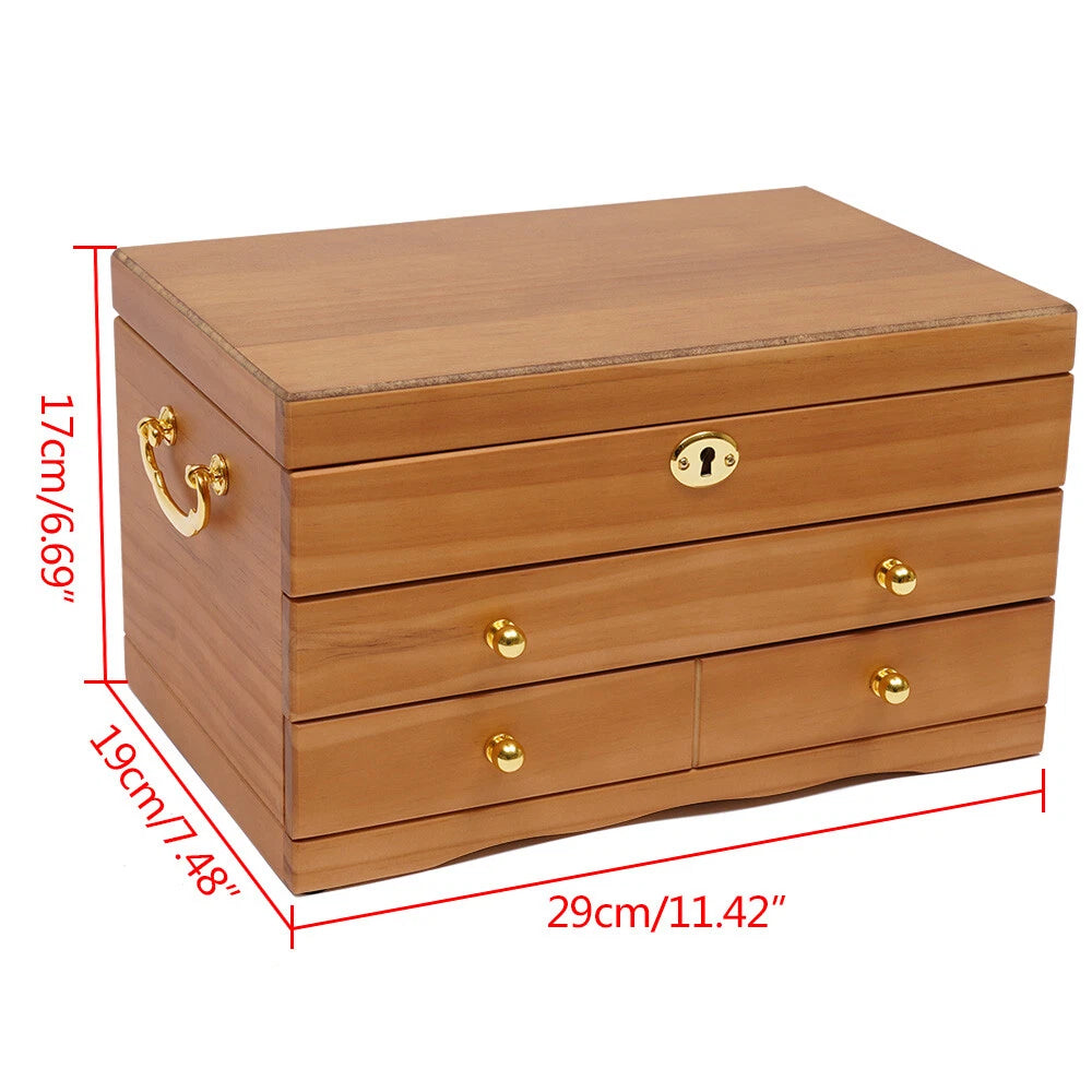 Large Capacity Wooden Jewelry Box W/ Safe Lock 3 Layers Retro Storage Organizer | eBay
