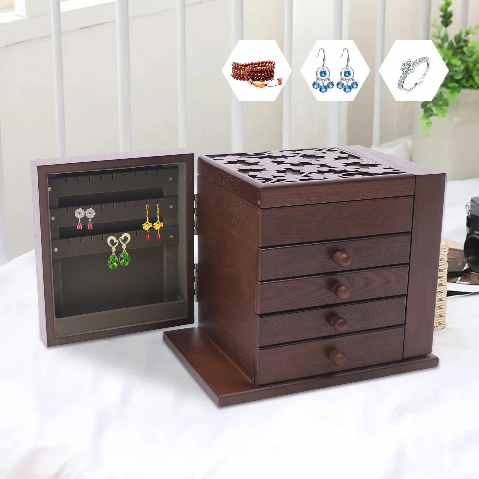 5 Layers Case Vintage Large Jewelry Organizer Wooden Storage Box w/ 4 Drawers | eBay
