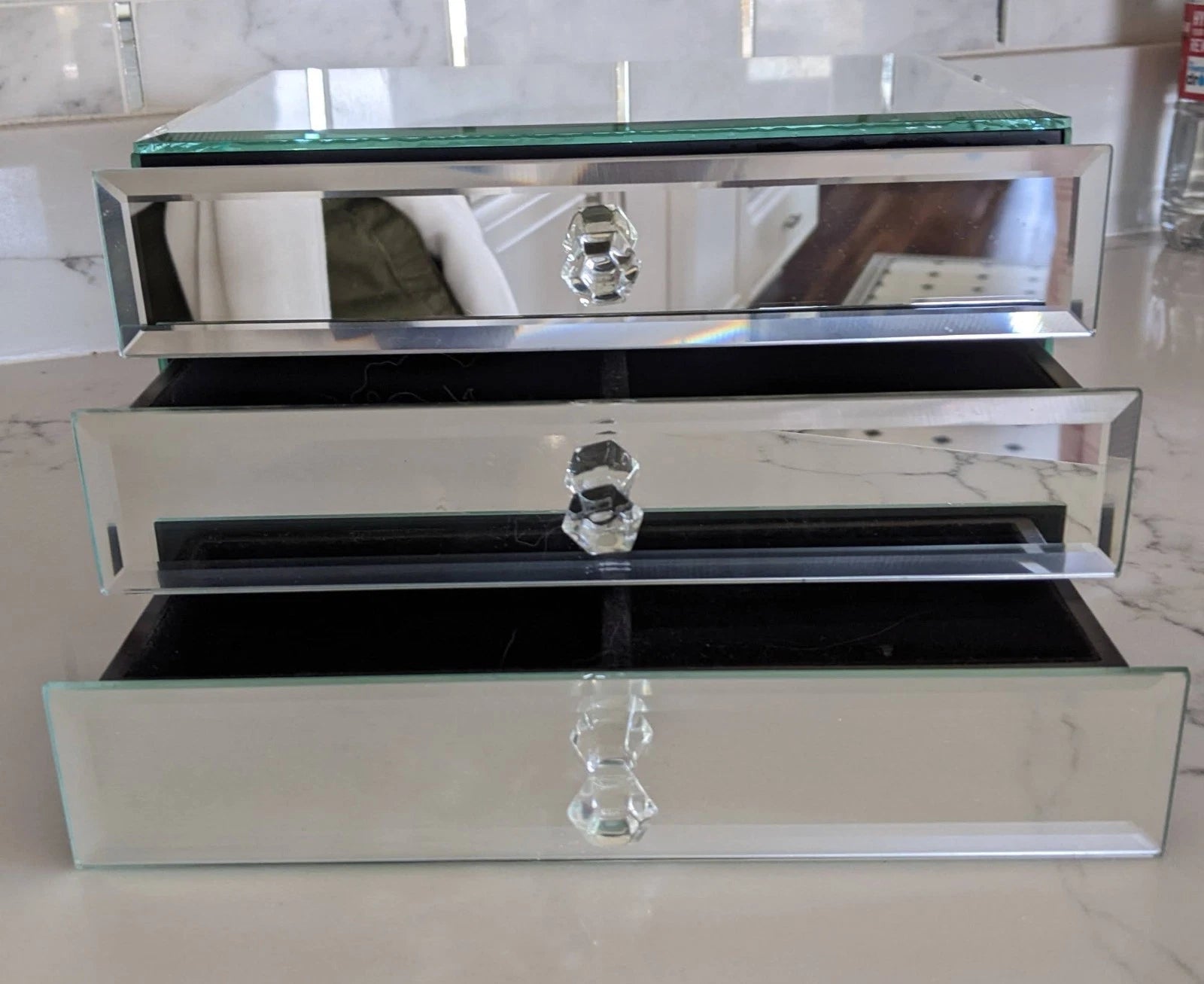 Large Luxury Mirrored Jewelry Box Beveled Edges / lined / 3 Drawers 9"x6"x5.5" | eBay