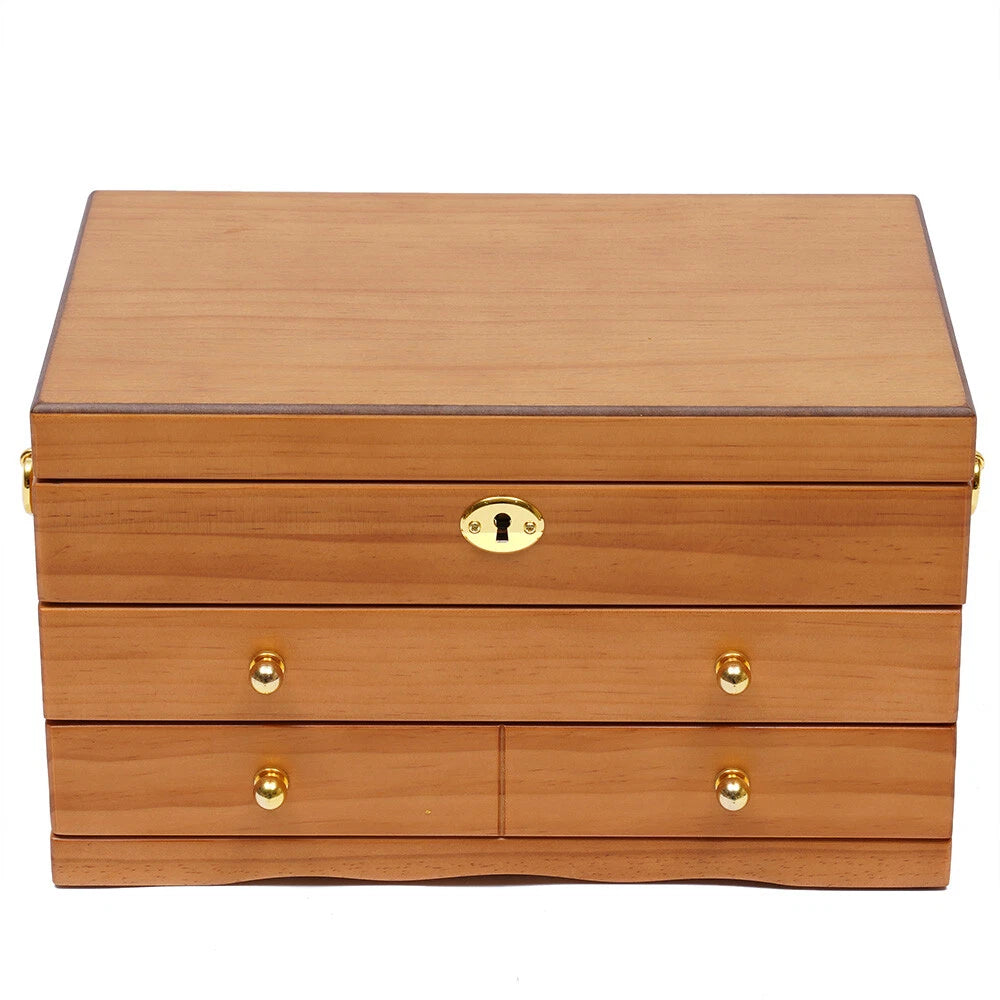 Large Capacity Wooden Jewelry Box 3 Layers W/ Safe Lock Retro Storage Organizer | eBay