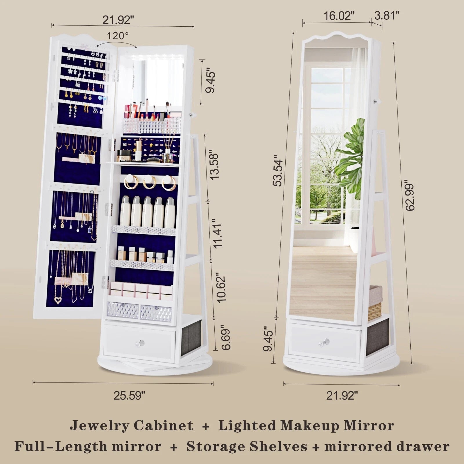 360° Rotating Jewelry Armoire with Full Length Mirror, Lockable Jewelry Cabinet | eBay