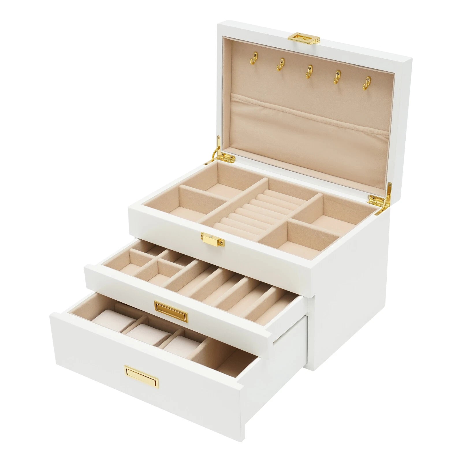 Large Wooden Jewelry Storage Box 3 Layers Organizer 2 Drawers Cabinet | eBay