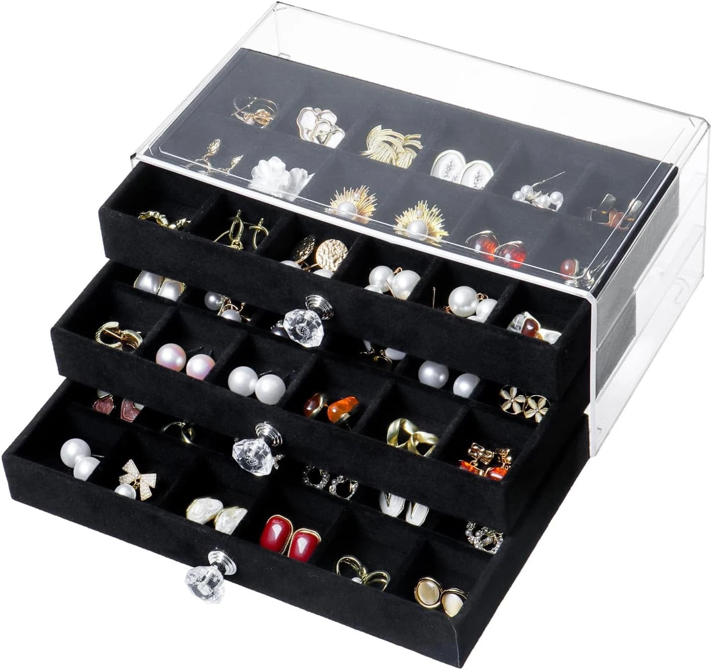 Clear Jewelry Box Earring Organizer Storage Case Velvet 3 Drawer Display Tray | eBay