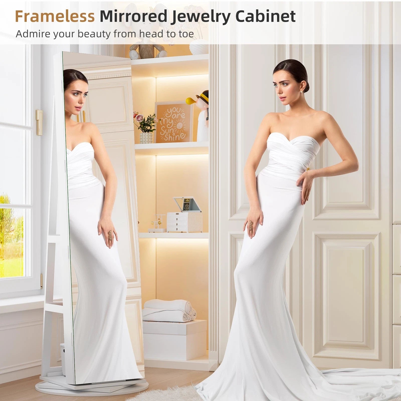 360° Swivel Jewelry Cabinet with Back Storage Shelves Full Length Mirror | eBay