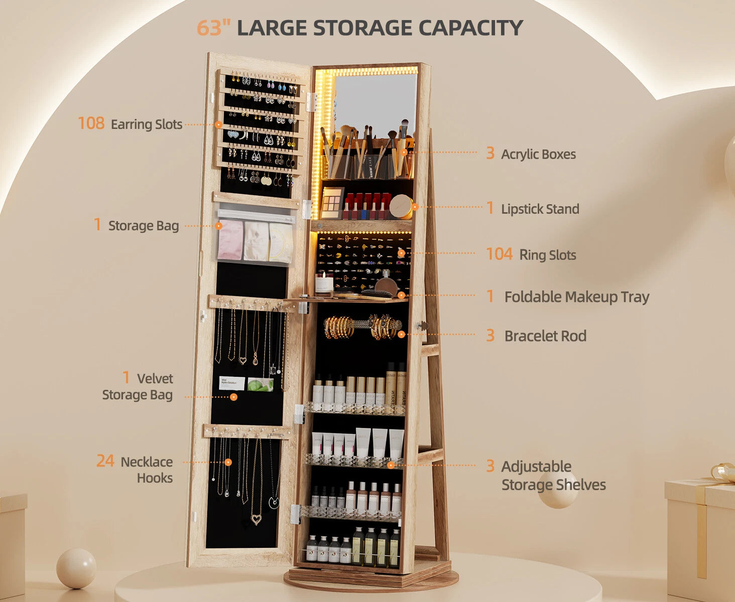 360° Swivel Jewelry Cabinet with Back Storage Shelves Full Length Mirror | eBay