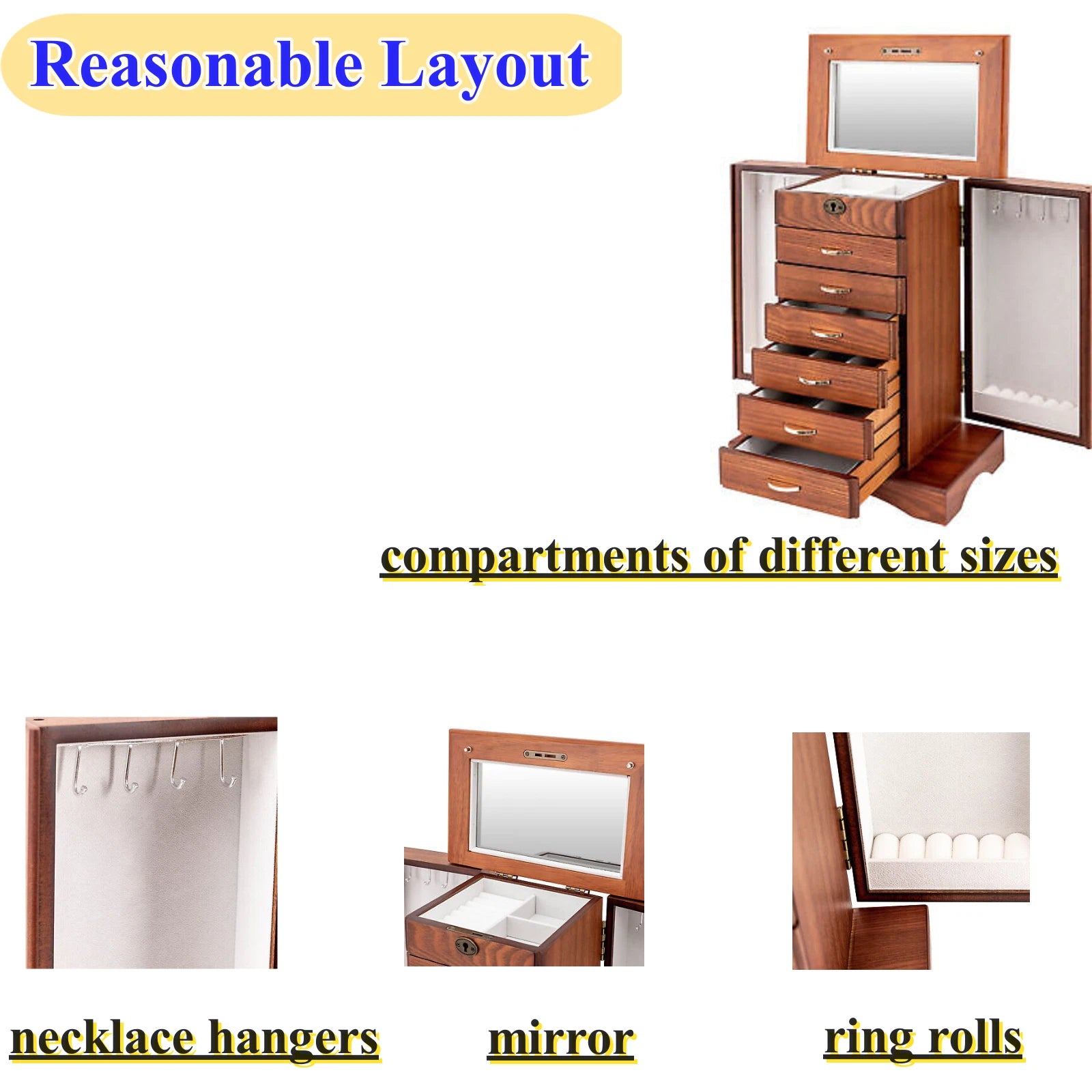 7 Layers Jewelry Box Wooden for Wowen Large Organizer Box with Mirror Safe Lock | eBay