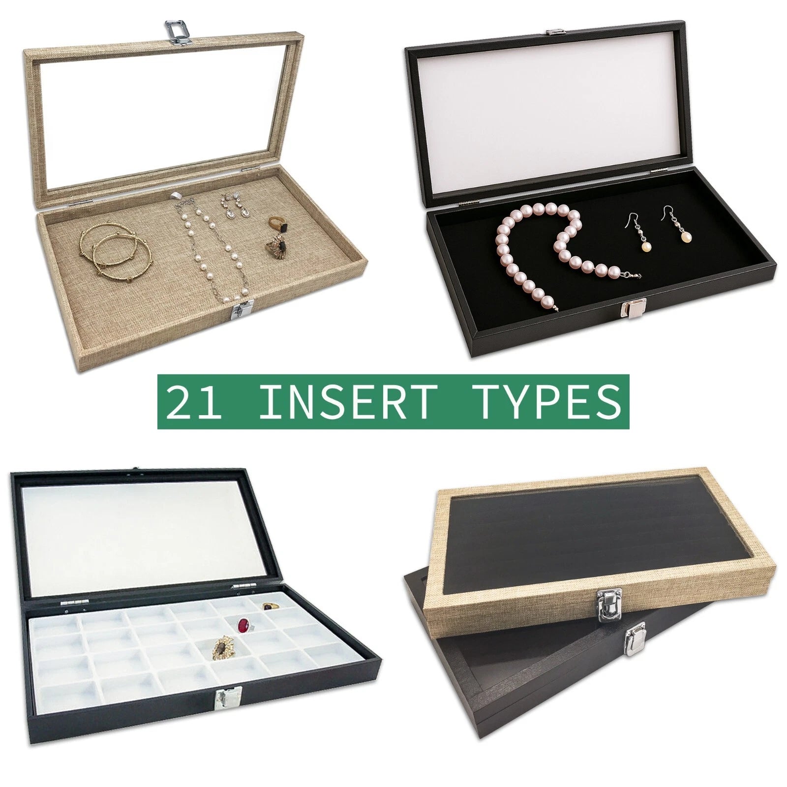 Wooden Jewelry Display Case Organizer Glass Lid Pad/Divider Insert Black/Burlap | eBay