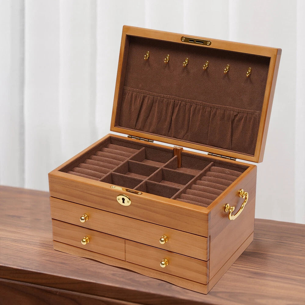 Large Capacity Wooden Jewelry Box W/ Safe Lock 3 Layers Retro Storage Organizer | eBay
