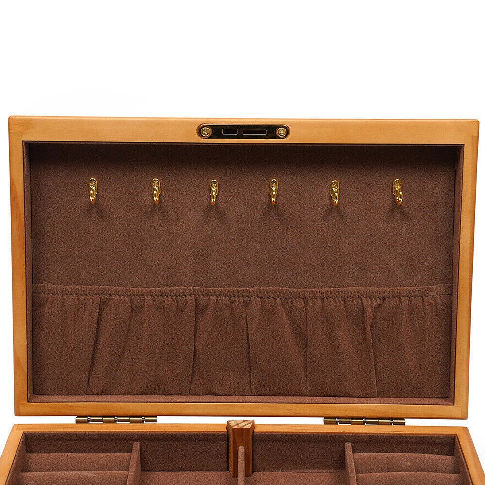 Large Capacity Wooden Jewelry Box 3 Layers W/ Safe Lock Retro Storage Organizer | eBay