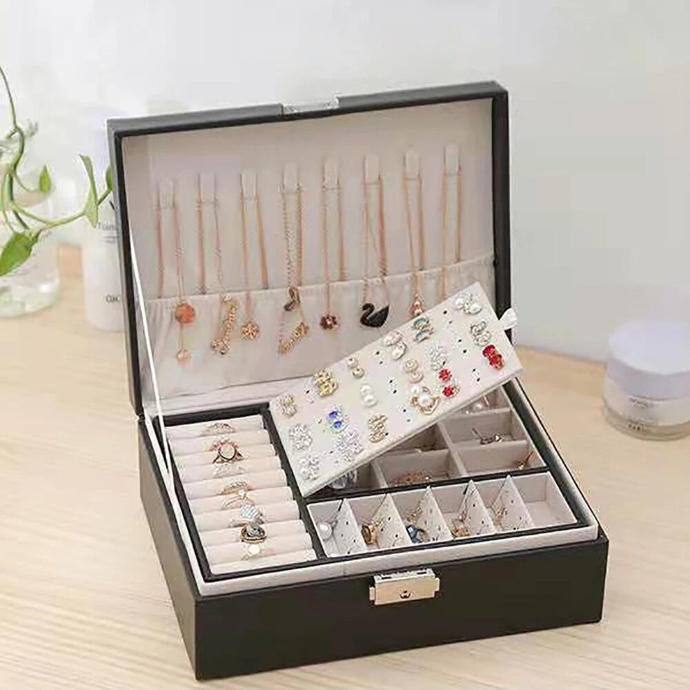 Double Layer Jewelry Box PU Leather Storage Large Space Holder Organizer Gift | eBay