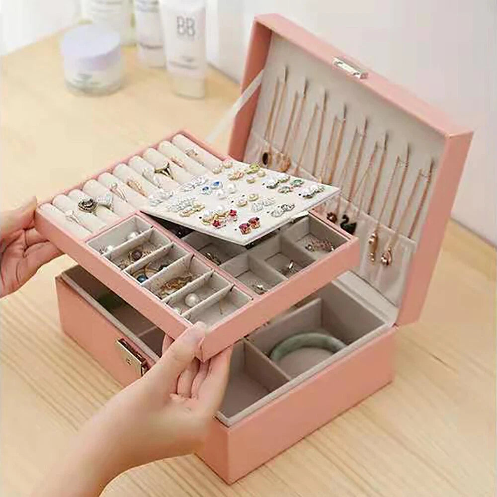 JEWELRY BOX 2-LAYER ORGANIZER CASE LARGE STORAGE NECKLACE RING LEATHER BRAND NEW | eBay