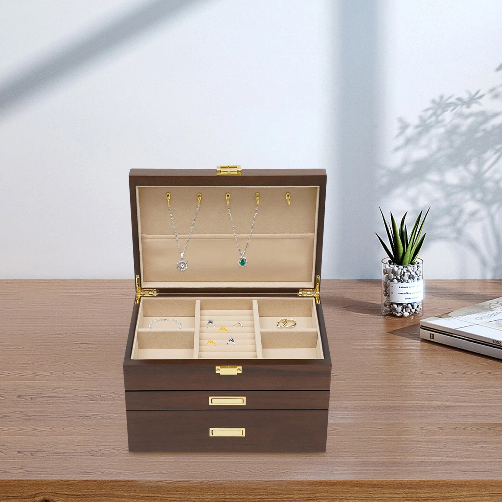 Elegant 3-Layer Wooden Jewelry Box with Pull-Out Drawers and Necklace Hooks | eBay
