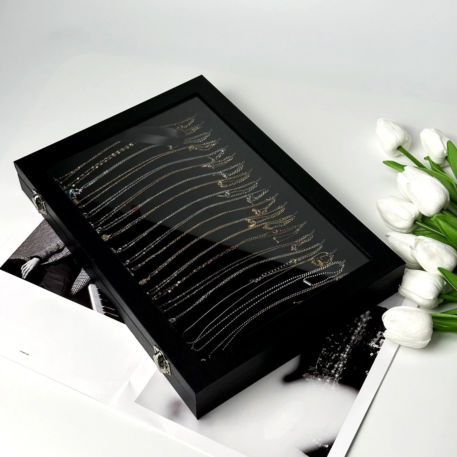 Black 20 Hooks Velvet Necklace Organizer Box Necklace Holder Tray with Clear Lid | eBay