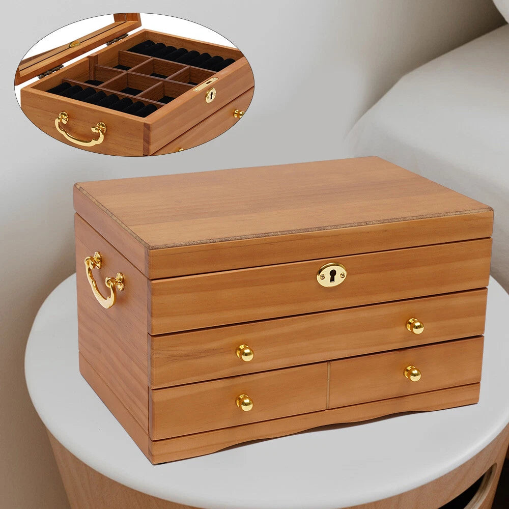 Large Capacity Wooden Jewelry Box W/ Safe Lock 3 Layers Retro Storage Organizer | eBay