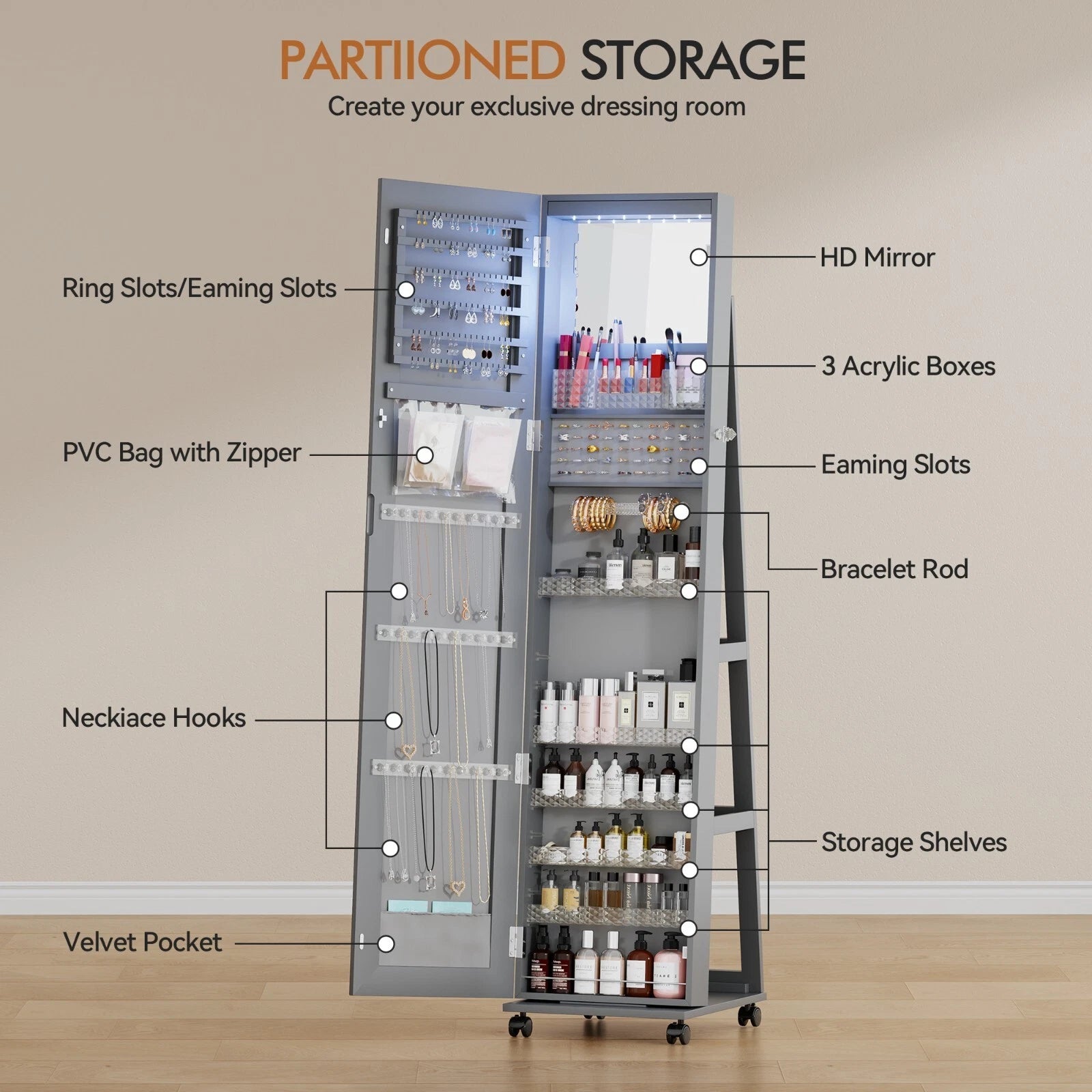 360°Rotating LED Jewelry Armoire with Lockable, Large Capacity Jewelry Organizer | eBay