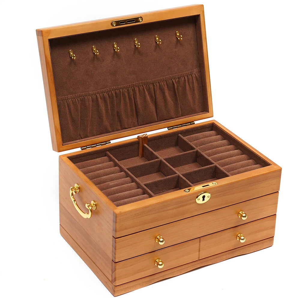 Large Capacity Wooden Jewelry Box W/ Safe Lock 3 Layers Retro Storage Organizer | eBay