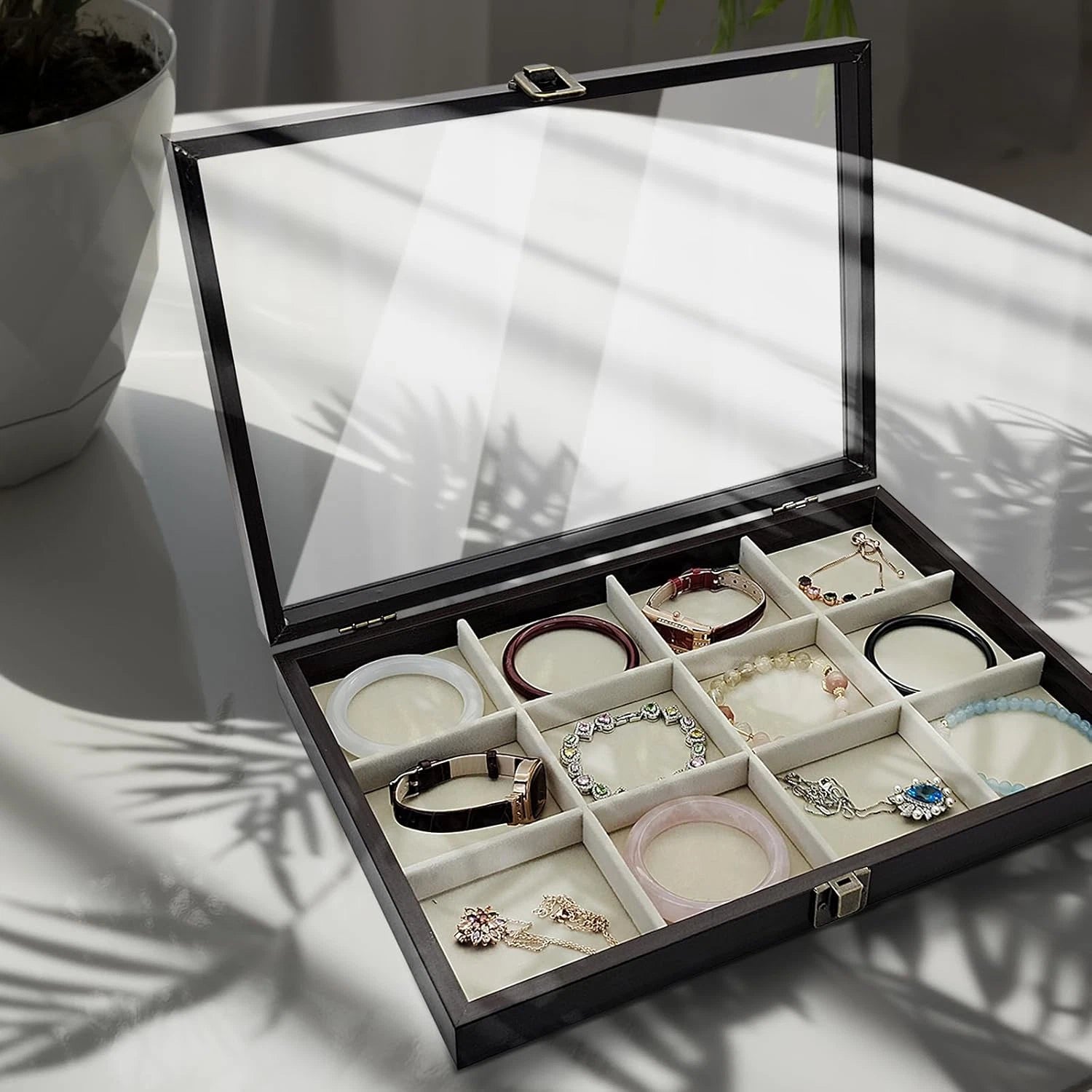 Jewelry Box with Glass Lid, Wood Jewelry Organizer Box, 24-Grid Earring Holder O | eBay