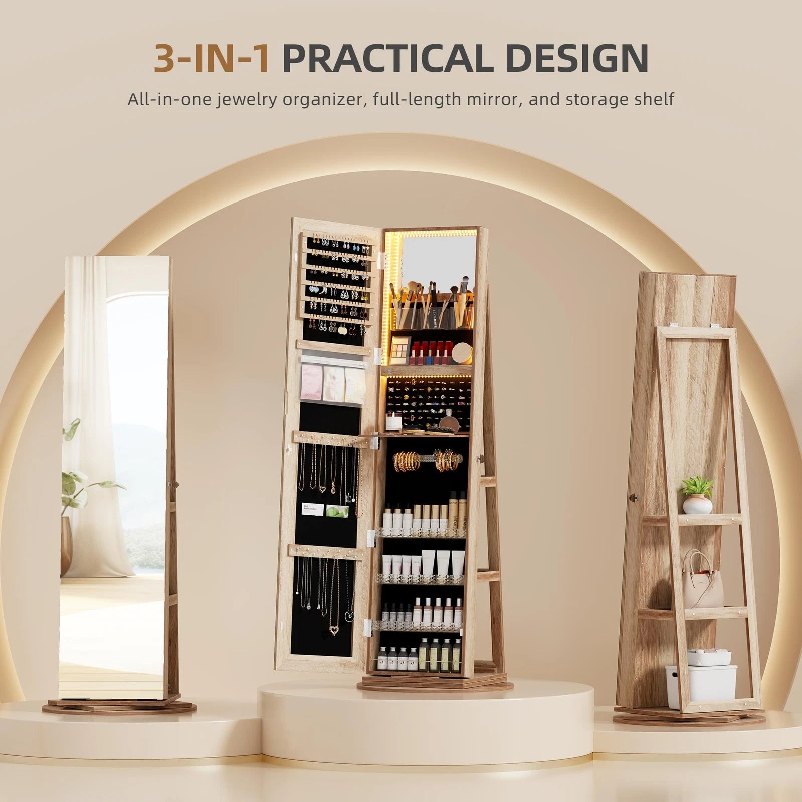 360° Swivel Jewelry Cabinet with Back Storage Shelves Full Length Mirror | eBay