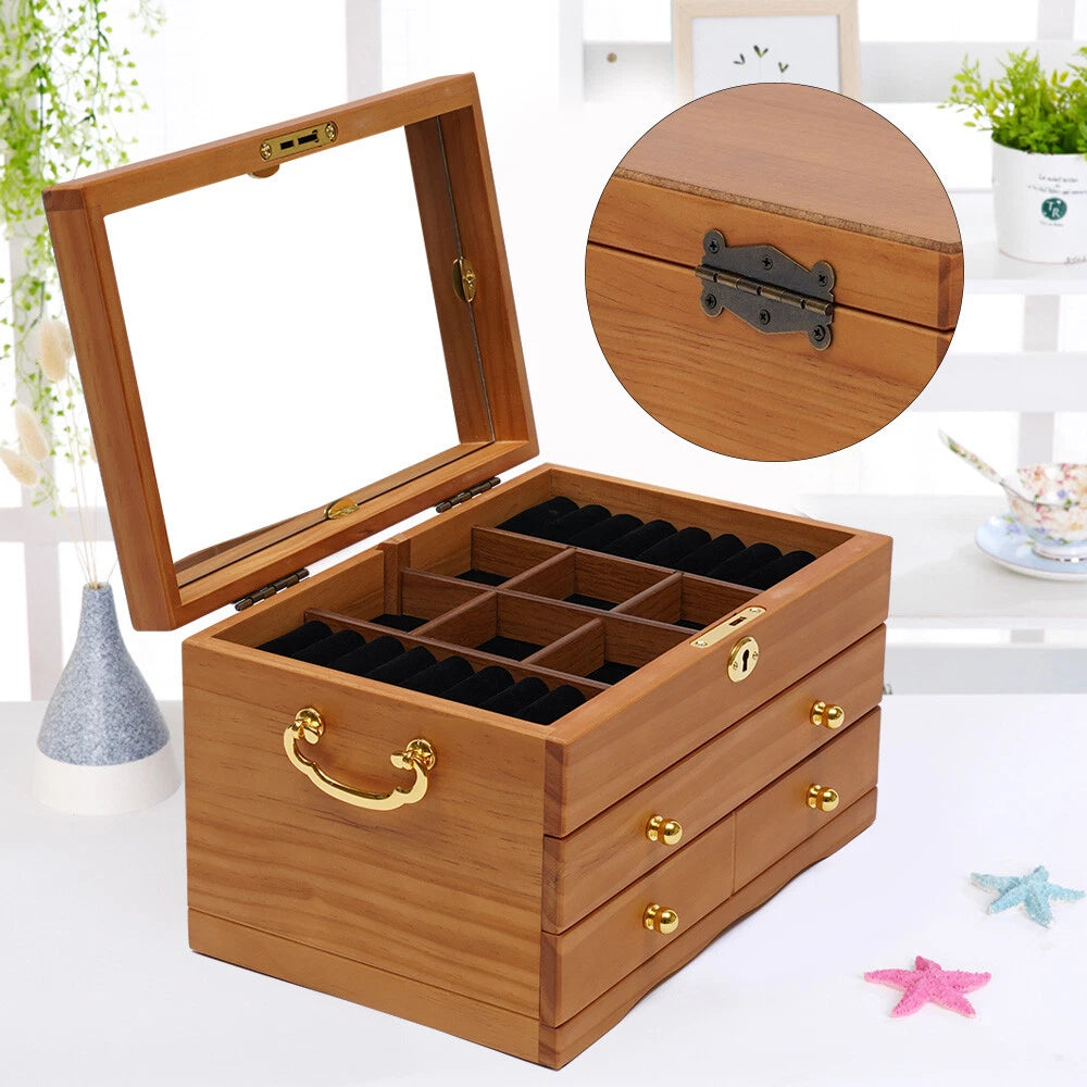 Large Capacity Wooden Jewelry Box W/ Safe Lock 3 Layers Retro Storage Organizer | eBay