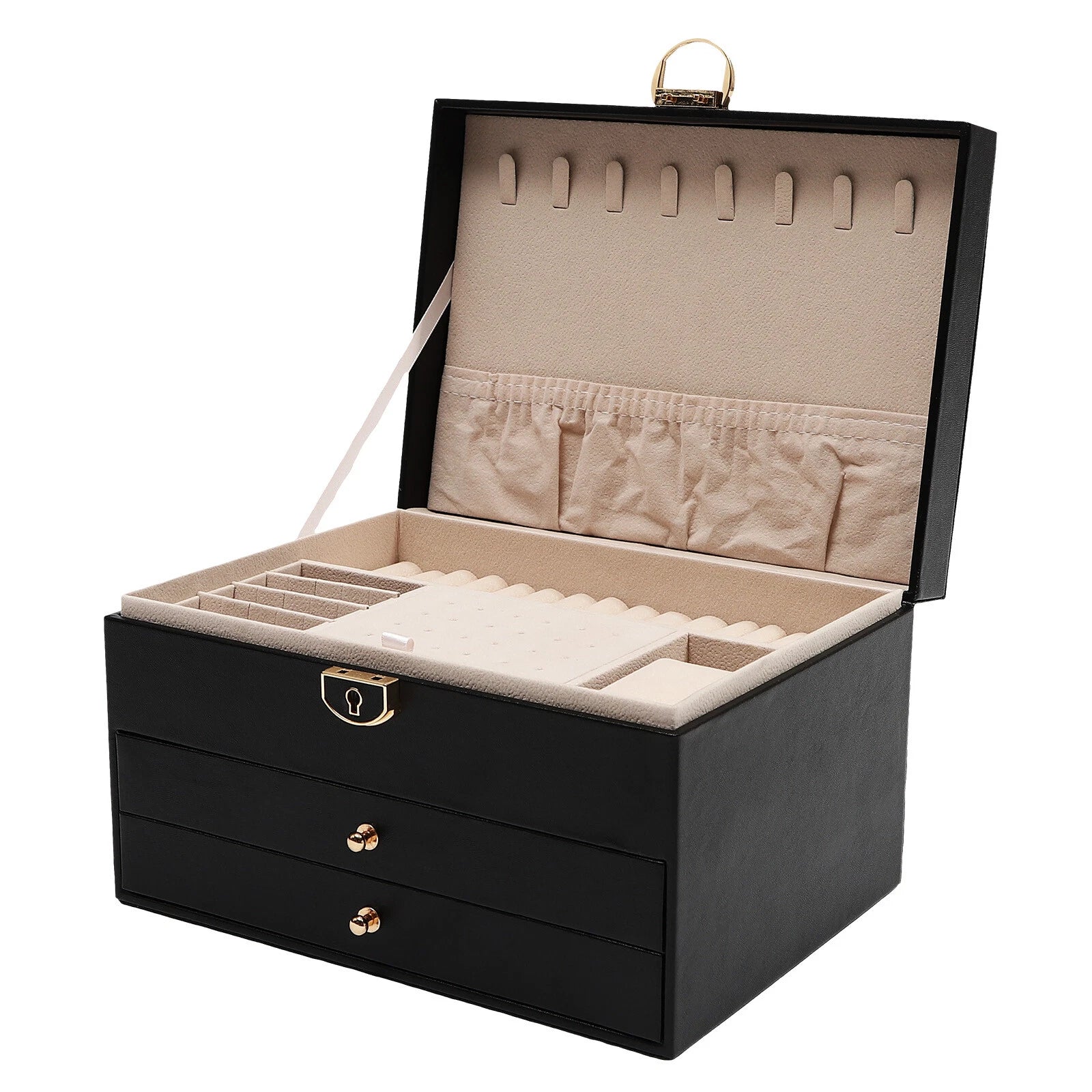 3layer Jewelry Box Organizer Lockable Storage Earring Box W/ Velveteen Lining PU | eBay