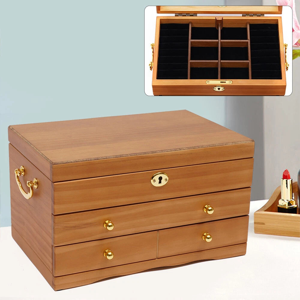 Large Capacity Wooden Jewelry Box W/ Safe Lock 3 Layers Retro Storage Organizer | eBay