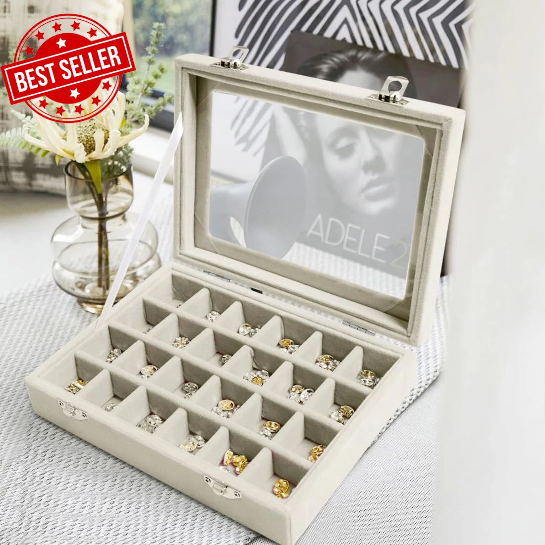 Jewelry Box 24 Grid Velvet Earring Tray with Clear Lid Ring Display Storage Orga | eBay